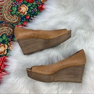 Lucky Brand Issy 2 Leather Peep Toe Platform Wedges 6.5